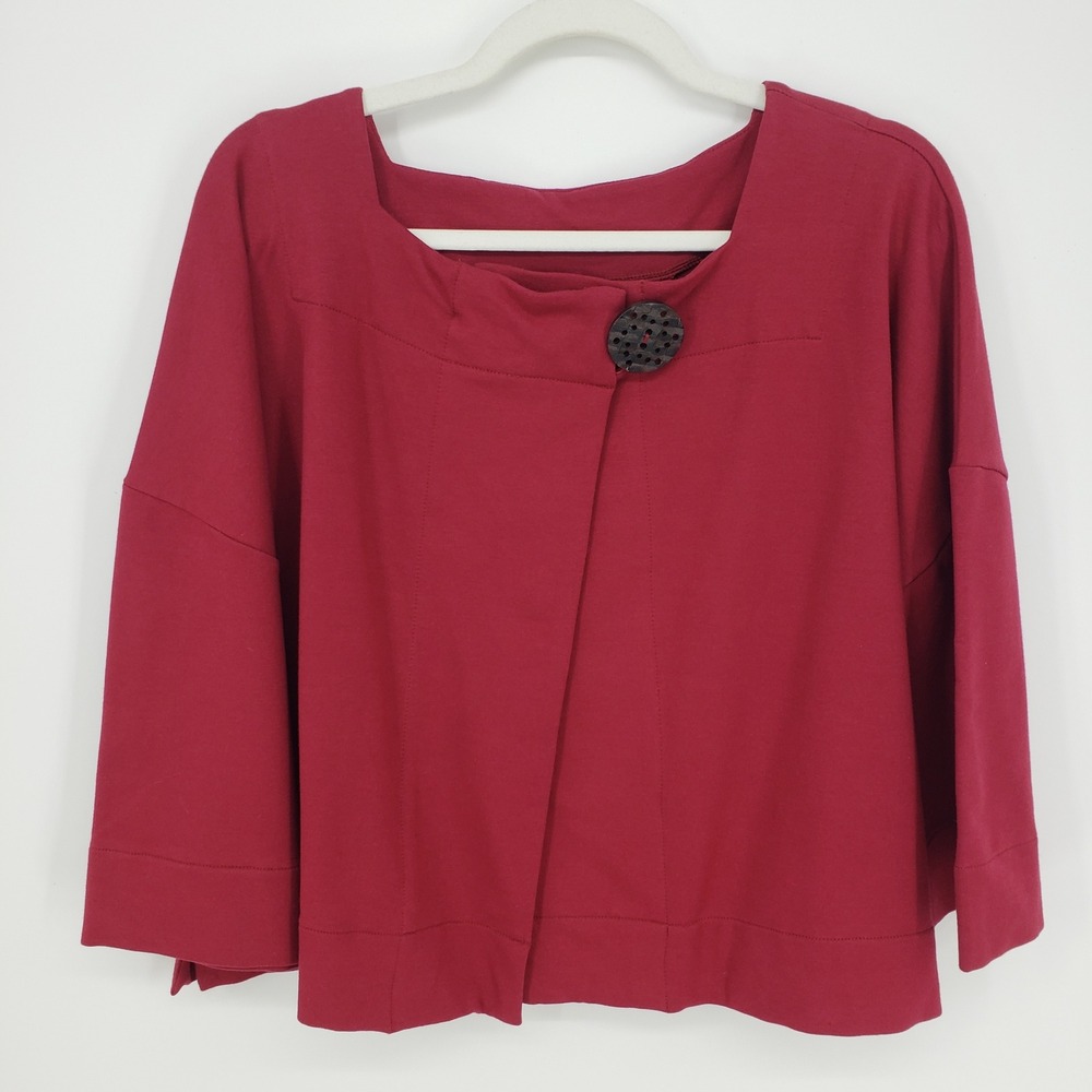 Neon Buddha Cropped Jacket Womens Sz S Red Lagenlook Button Front Stretch Top